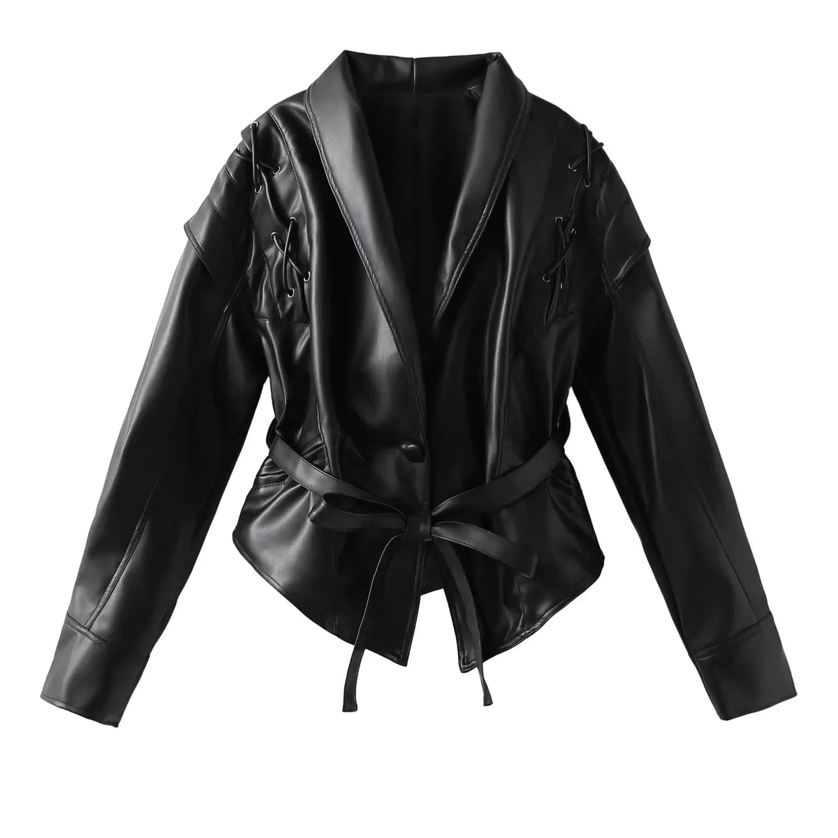 Mauroicardi Spring Autumn Short Retro Brown Pu Leather Jacket Women Sashes Lace Up Luxury Designer Emo Clothes European Fashion - Matrix Studios