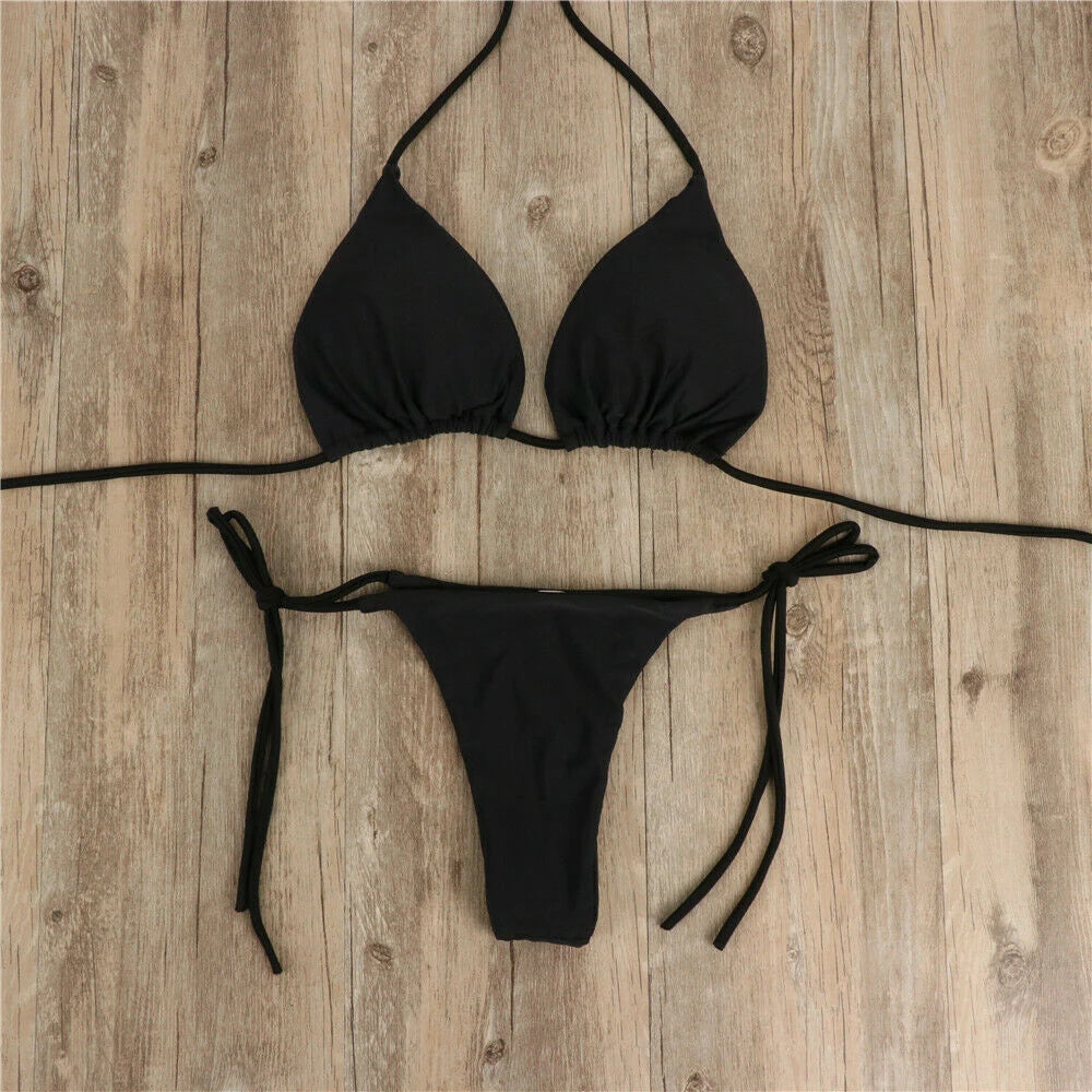 Women Tie Sexy Thong Bikini Set Side Swimsuit Bandage Style Brazilian Swimwear Split Strap Adjustable Solid Female Swimsuit Set - Matrix-studios.com
