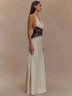 Mozision Summer Backless Sexy Maxi Dress Women Gown Patchwork Lace Halter Deep V Neck Sleeveless High Waist Elegant Long Dress - Matrix-studios.com