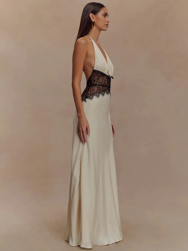 Mozision Summer Backless Sexy Maxi Dress Women Gown Patchwork Lace Halter Deep V Neck Sleeveless High Waist Elegant Long Dress - Matrix-studios.com