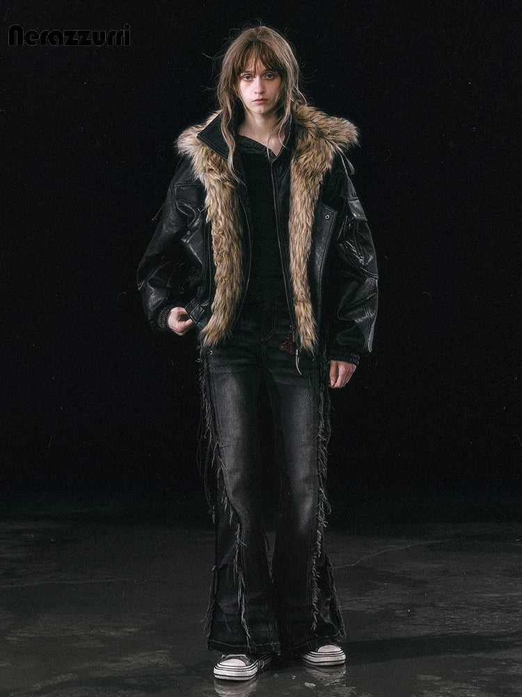 Nerazzurri Autumn Winter Loose Casual Quilted Warm Pu Leather Jacket Women with Detachable Faux Fur Collar Luxury Unisex Clothes - Matrix Studios