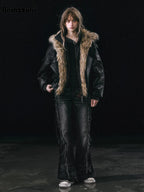 Nerazzurri Autumn Winter Loose Casual Quilted Warm Pu Leather Jacket Women with Detachable Faux Fur Collar Luxury Unisex Clothes - Matrix Studios
