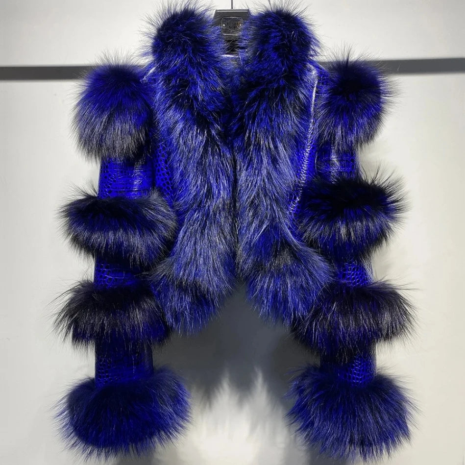Fur Bomber Ladies New Fashion Jacket Crocdile Sheep Leather With Natural Fur 3573 - Matrix Studios