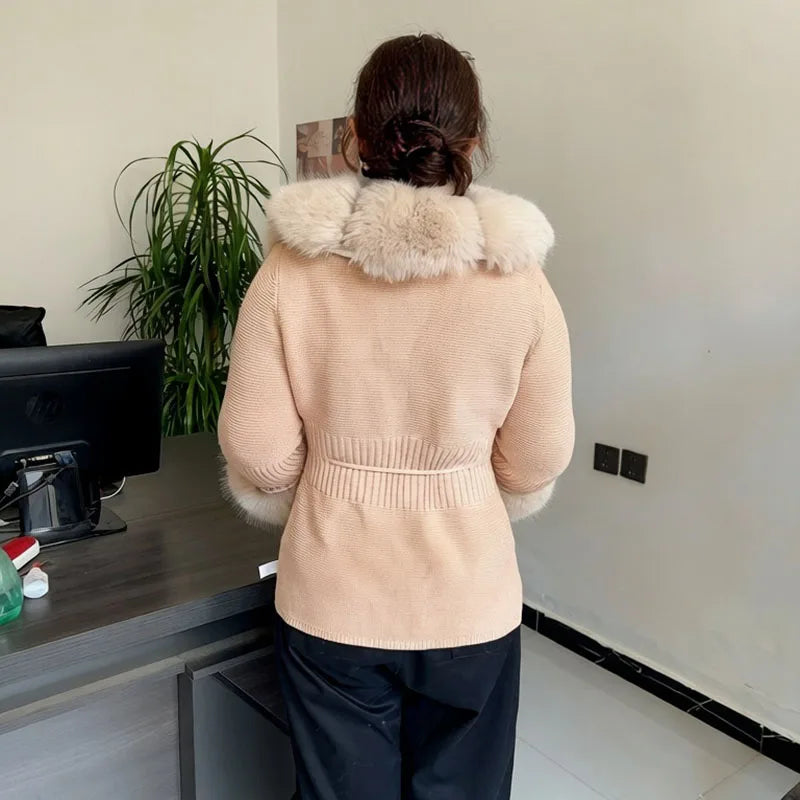 Women Knit Faux Fur Cardigan Spring Autumn Elegant Ladies Fashion Faux Fur Coat Knitted Sweater with Fake Fox Fur Collar - Matrix Studios
