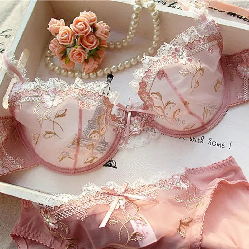MOYISU New Arrival Luxury Pure Desire Lace Tulle Sexy Panties Lingerie Set Lilacs Embroidery Girl Boobs Big Size Big Boobs Small - Matrix-studios.com