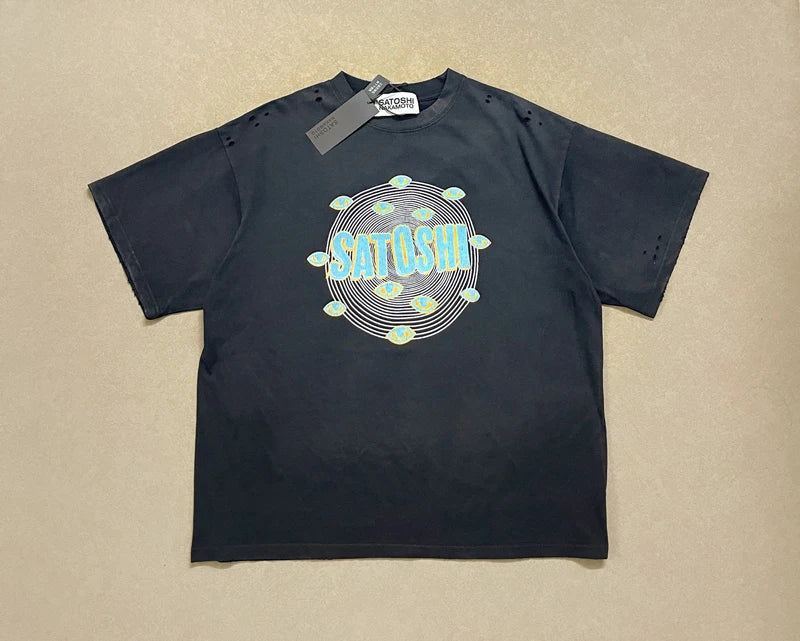 Classic Letter Print Summer Basics Tees Cotton SATOSHI Tshirt Hiphop Street Washed Black Holes Round Neck Short Sleeve Men Women - Matrix-studios.com