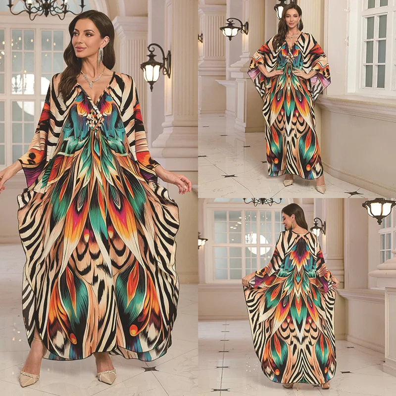 Kaftan Dresses for Women Wave Neck Swimsuit Cover Up Caftan Dress Plus Size Oversized Long Beach Dress - Matrix Studios