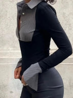2025 Autumn Striped Polo Collar Contrast Crop Top Slim Fit Bodycon Knit Tops - Spicy Girl Outfits for Club/Streetwear/Daily Wear - Matrix-studios.com
