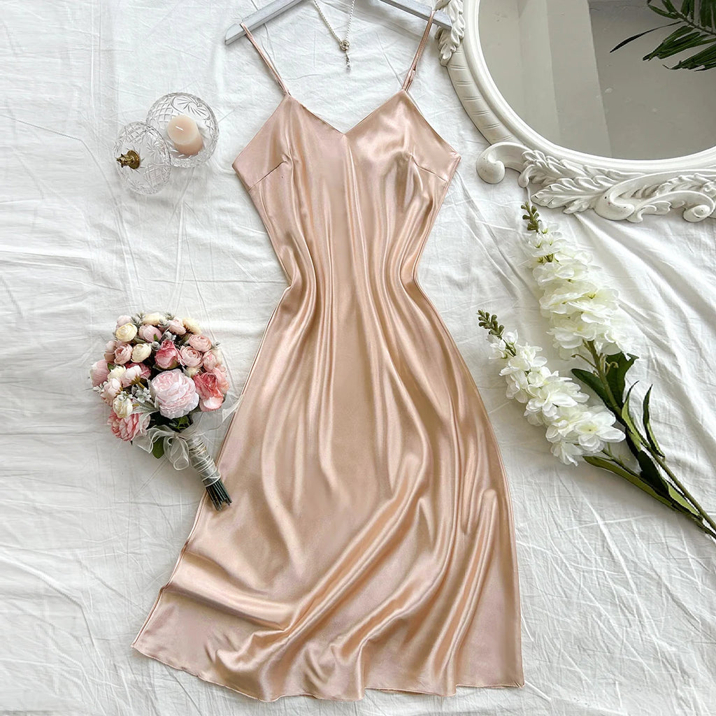 Elegant Women's Nightdress Sexy Comfortable Long Slip Dress Solid Color Pajamas For Women - Matrix-studios.com