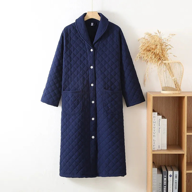 Autumn Winter Women Warm Cotton with Filler Robe Ladies Bathrobe Female Long Sleeve Dressing Gown Robes Simple Home Clothes - Matrix-studios.com
