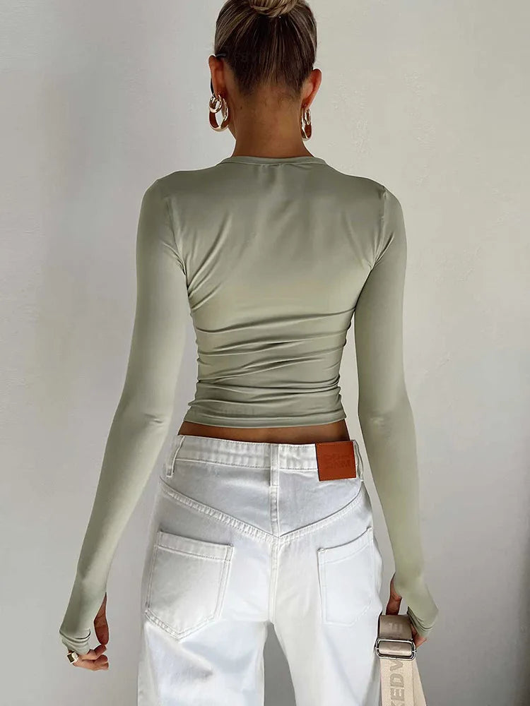 Fashion Women T-shirt Long Sleeve Crew Neck Solid Slim Fit Ladies Crop Top with Thumb Holes for Daily Streetwear Summer Camis - Matrix-studios.com