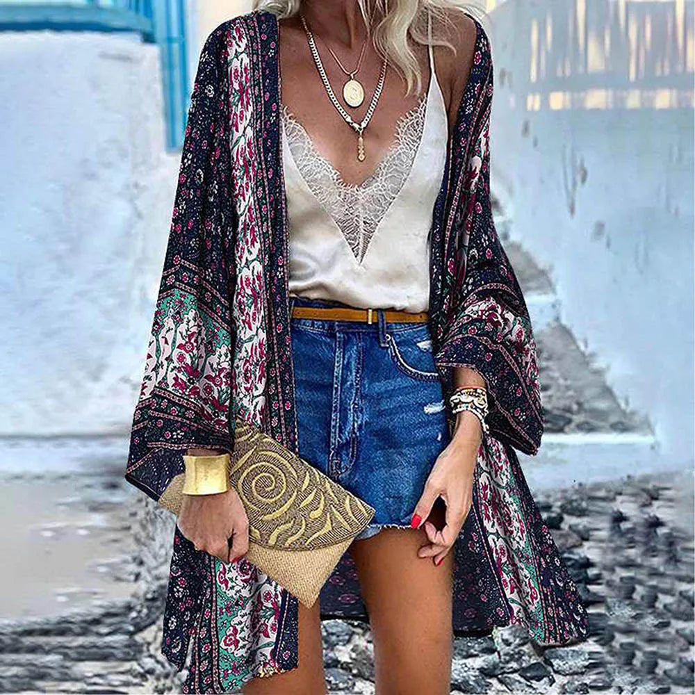 WeHello 2023 Summer Bohemian Casual Cloak Cardigan for Swimsuit woman Beach Swimwear Tops Long Sleeved Shawl Chiffon Shirt - Matrix Studios