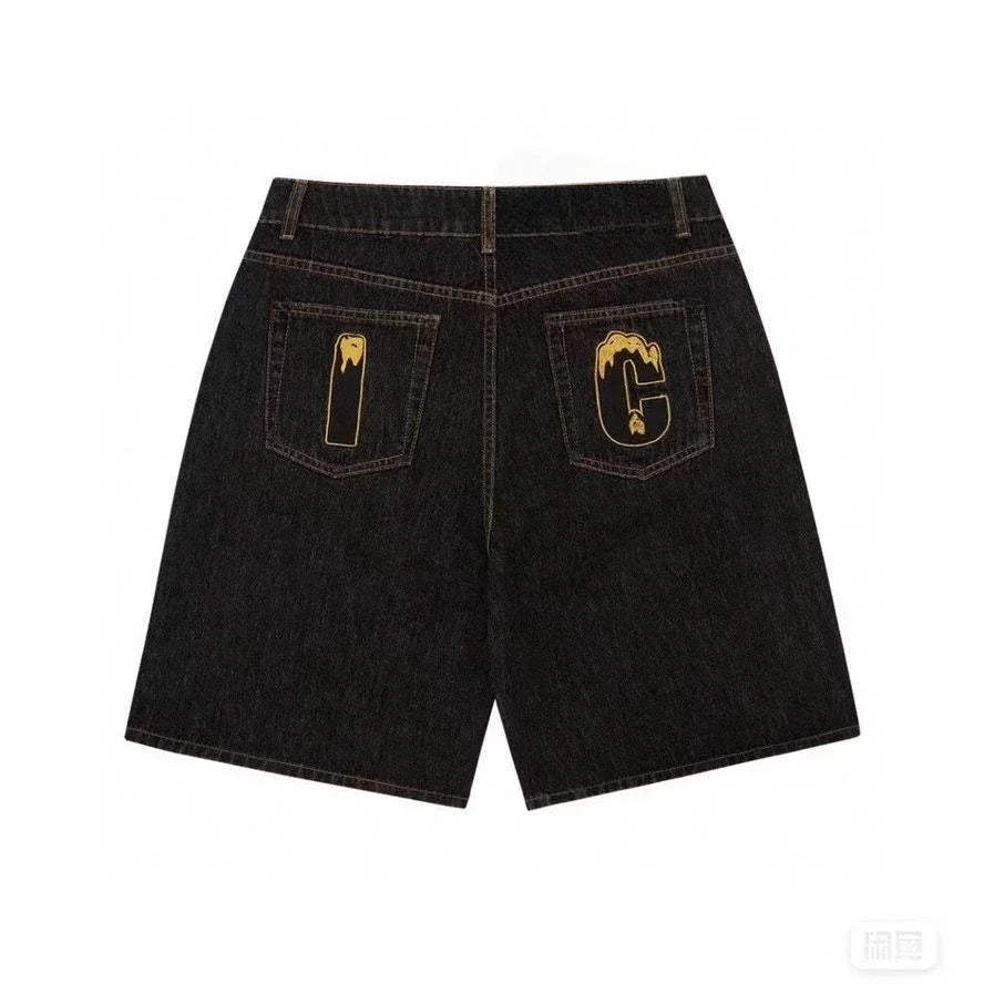 Y2k Summer Harajuku Hip-Hop Gothic Colored Flying Dog Printed Denim Shorts High Street Loose Casual Straight Cropped Jeans