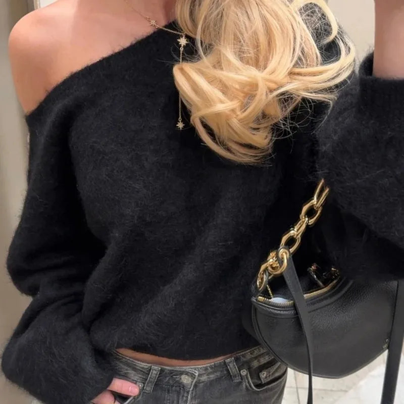 Talenza Women's Plush Pullover Fashion Solid Loose High Street Sweaters Vintage Chic Strapless Autumn Casual Female Pullovers - Matrix Studios