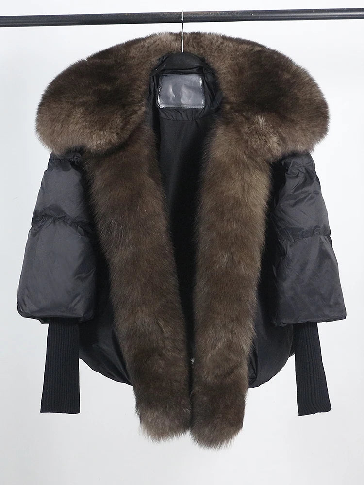 Loose Natural Real Fox Fur Collar Coat Thick New European Fashion White Duck Down Jacket Winter Women Warm Luxury Outerwear - Matrix Studios