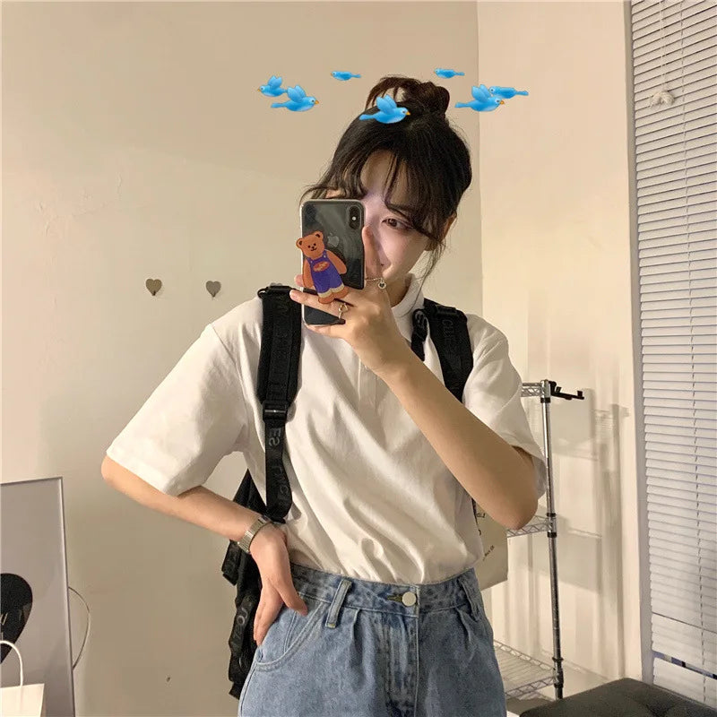 Summer solid color college style sport polo shirt new shirt collar short sleeved T-shirt for women - Matrix-studios.com