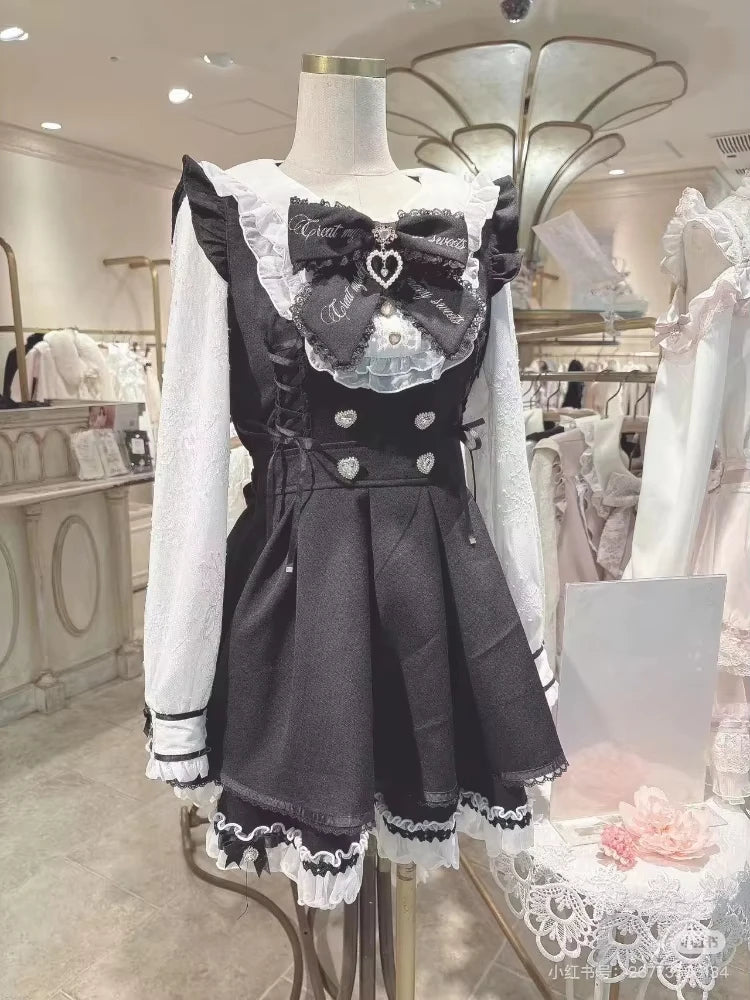 Japanese Y2 Aesthetics Vintage Bow Dress Shorts Set Women Gothic Lolita Style Long Sleeve Shirt Dress Elegant Party Dress Suits - Matrix-studios.com