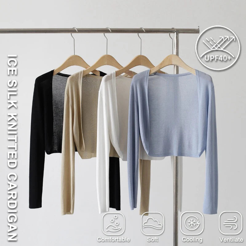 Ice Silk Knitted Cardigan Jacket Women Summer Shawl Sunscreen Outer Layer Thin Vest Air Conditioning Shirt Short Coat - Matrix Studios