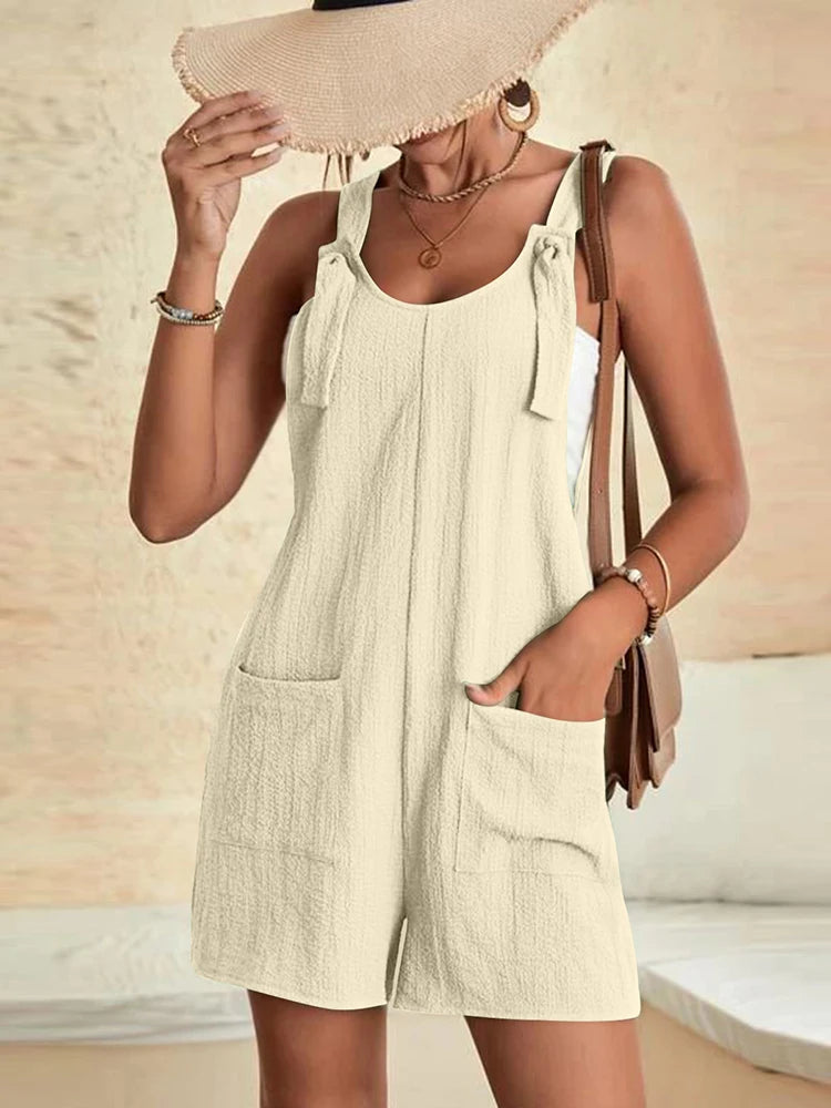 Women Summer Casual Short Rompers Elegant Solid Sleeveless Tie Knot Strap Jumpsuits Vintage Harajuku Loose Overalls with Pockets - Matrix Studios