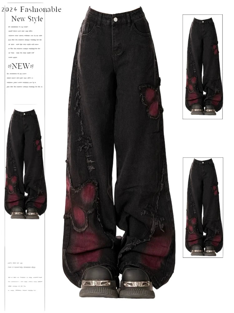 Women's Baggy Butterfly Jeans Vintage 90s Aesthetic Cowboy Pants Harajuku Oversize Denim Trousers Y2k 2000s Black Gothic Clothes - Matrix-studios.com