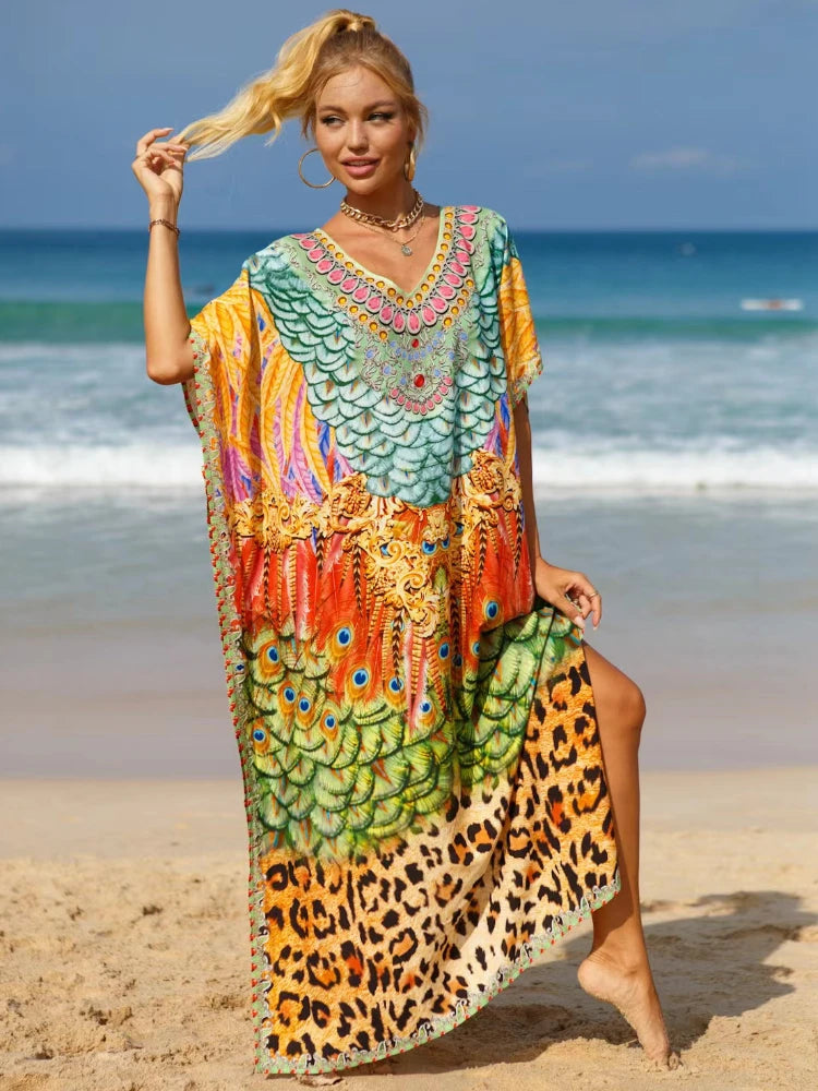 Kaftan Dresses Tropical Printed Cover Ups for Swimwear Women Elegant Maxi Robe Holiday Bathing Suits Dropshipping Hot Sales - Matrix Studios