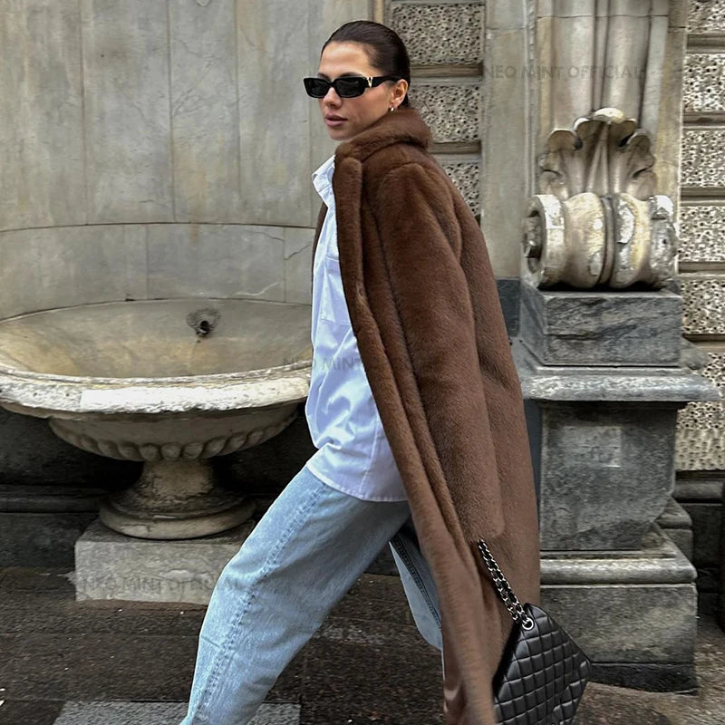Neo Mint 2024 Winter Luxury Faux Mink Fur Coat Women Iconic Brand Long Outerwear Jacket Crystal Hooks Street Style Warm Overcoat - Matrix Studios