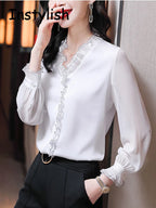 Elegant Women Chiffon Shirt Korean Blouse Office Lace Mesh Long Sleeve Ruffles V NeckTops Casual Vintage Pullovers Blusas 2022 - Matrix-studios.com