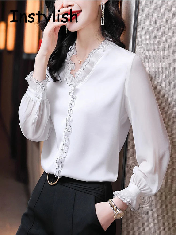 Elegant Women Chiffon Shirt Korean Blouse Office Lace Mesh Long Sleeve Ruffles V NeckTops Casual Vintage Pullovers Blusas 2022 - Matrix-studios.com
