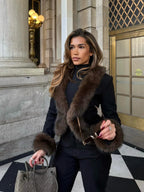 Black Faux Fur Collar Leather Jacket Elegant Lapel V-neck Waist Cinching Long-sleeved Short Coats Lady Winter Commute Coat 2026 - Matrix Studios