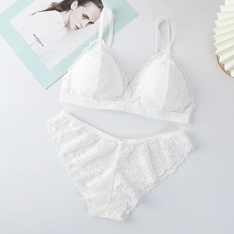 Women Lace Bra And Panties Set V-neck Push Up Bralette Sexy Lingerie Low Waist Briefs Female Non-wire Brassiere Underwear Set - Matrix-studios.com