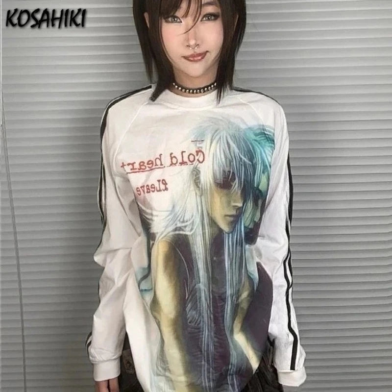 Y2k Aesthetic Gothic Anime Cartoon Print Vintage T-shirt Hiphop Patchwork Streetwear Tops Harajuku Drop Shoulder Casual Tshirts
