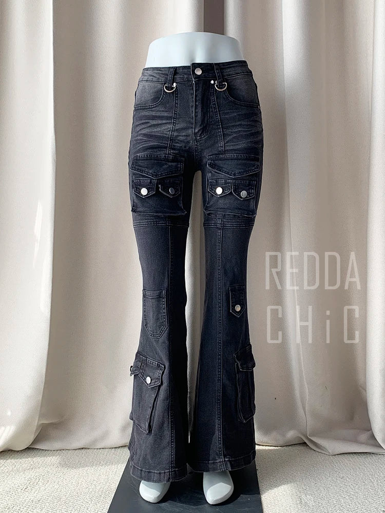 REDDACHiC Black Low Waist Cargo Jeans 2000s Distressed Whiskers Multi-pocket Stretch Bootcut Pants Women Retro Grunge Streetwear - Matrix-studios.com