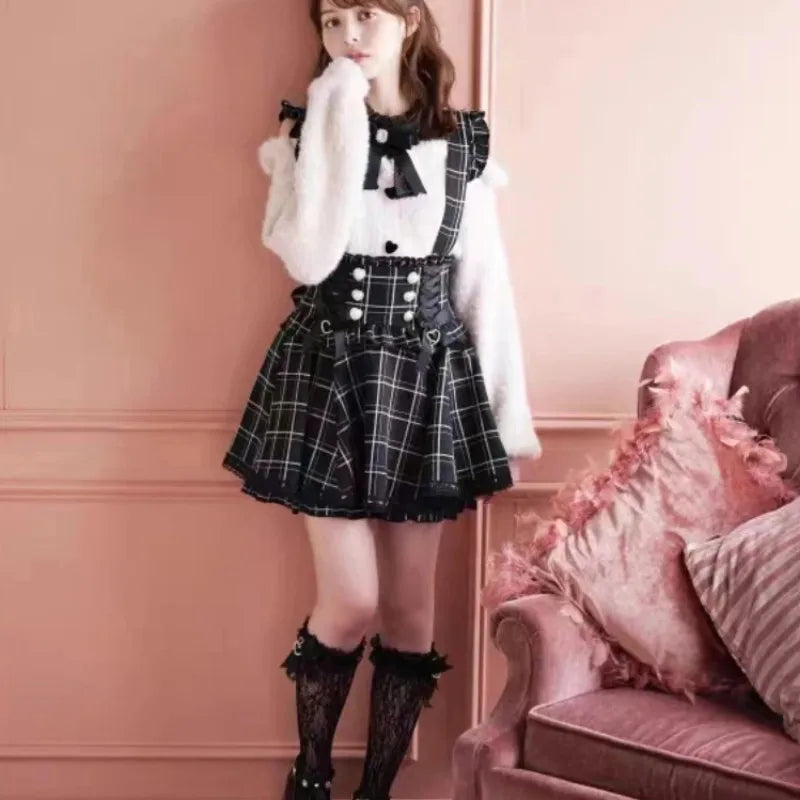 Japanese Gothic Lolita Ribbon Short Suspender plaid Skirt Girls Sweet Cute Lace A-Line Mini Skirts summer2026 black solid kawaii - Matrix-studios.com