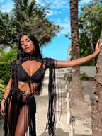 Leosoxs Hand Crochet Knitted Women Bikini Cover Ups Summer Holiday Tassel Beach Bathing Suit Sexy Hollow Out Skirts Matching Set - Matrix Studios