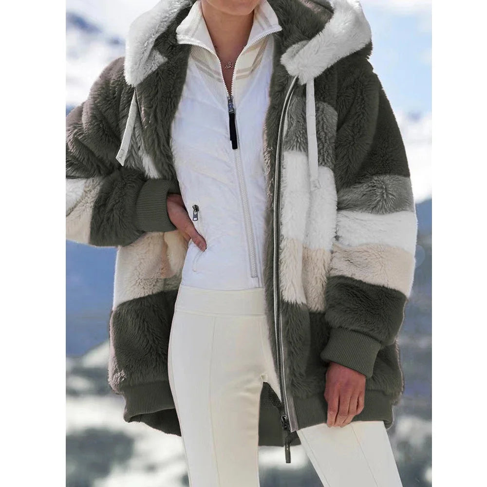 Oversized Jacket for Women Coat 2025 Autumn Winter Warm Plush Pocket Hooded Streetwear Loose Lady Zipper Cashmere Outerwear Coat - Matrix-studios.com