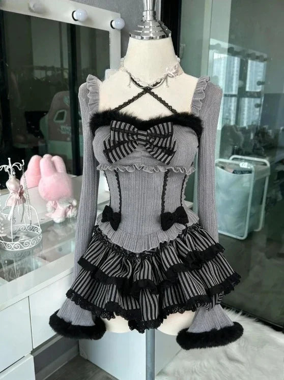 Sweet Lolita Vintage Suits Women Ruffles Cardigan + Sexy Y2k Corset Vest + Mini Skirts Autumn Korean Elegant 3 Piece Dress Sets - Matrix-studios.com