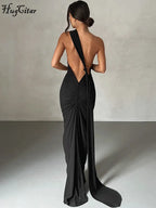 Hugcitar One Shoulder Backless Adjustable Scarf Loop Ruched Sexy Maxi Dress Women Elegant Y2K Streetwear Festival Outfit - Matrix-studios.com
