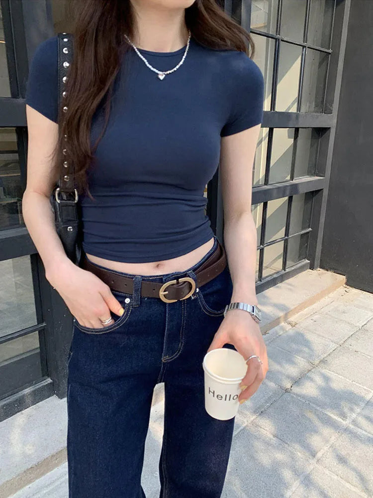 Basic Solid Crop Top Short Sleeve Crewneck Skinny T-shirt Summer Casual Tee for Women y2k Vintage Top Harajuku Streetwear - Matrix-studios.com