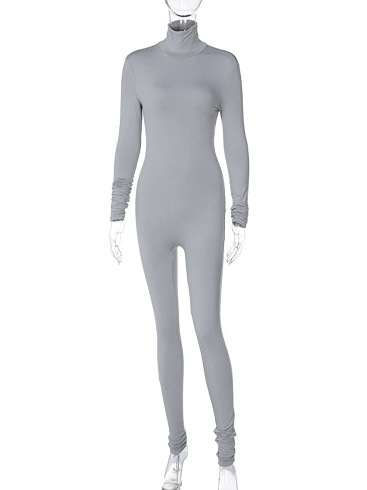 Hugcitar Long Sleeve Solid Turtleneck Skinny Bodycon Jumpsuit Autumn Winter Women Fashion Streetwear Casual Romper - Matrix Studios