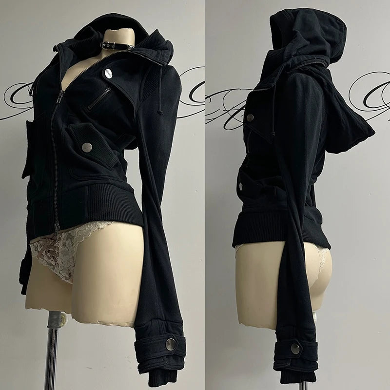 Women's 2025 Gothic Aesthetic Autumn Winter Fur Collar Hoodie Casual Slim Chic Design Cardigan Sweatshirt 2000s Harajuku Clothes - Matrix Studios
