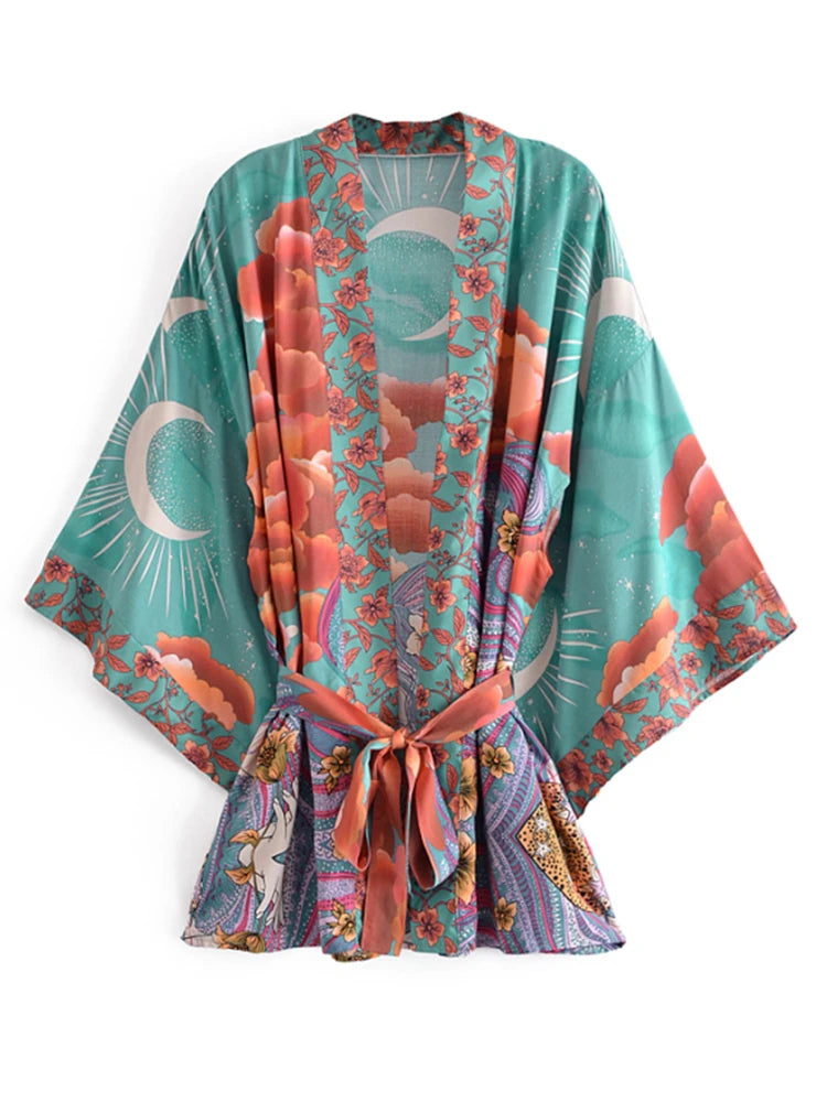 Boho Vintage Star and Moon Floral Print Sashes Women Bohemian V Neck Batwing Sleeves Happie Short Robe Kimono Dress Cover-ups - Matrix Studios