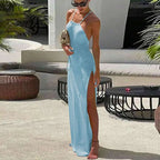 Women Cover Ups Sexy Hollow Out Dresses Spliced Sleeveless Split Long Dress Swimwears Sling Backless Knit Y2k Summer Beach - Matrix Studios