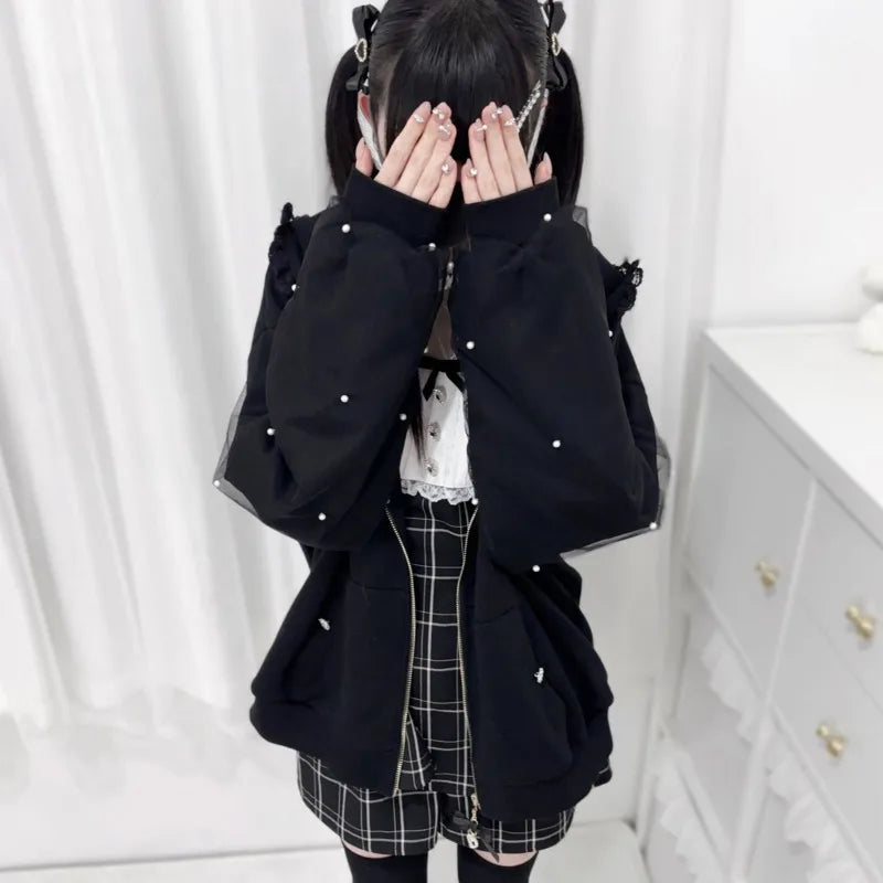 Bunny Hoodie Hoodies Y2K Rabbit Ear Hoodie Lolita Jacket Bow Girls Pearl JK Japan Lace Kawaii Zipper Cardigan Long Sleeved Top - Matrix Studios