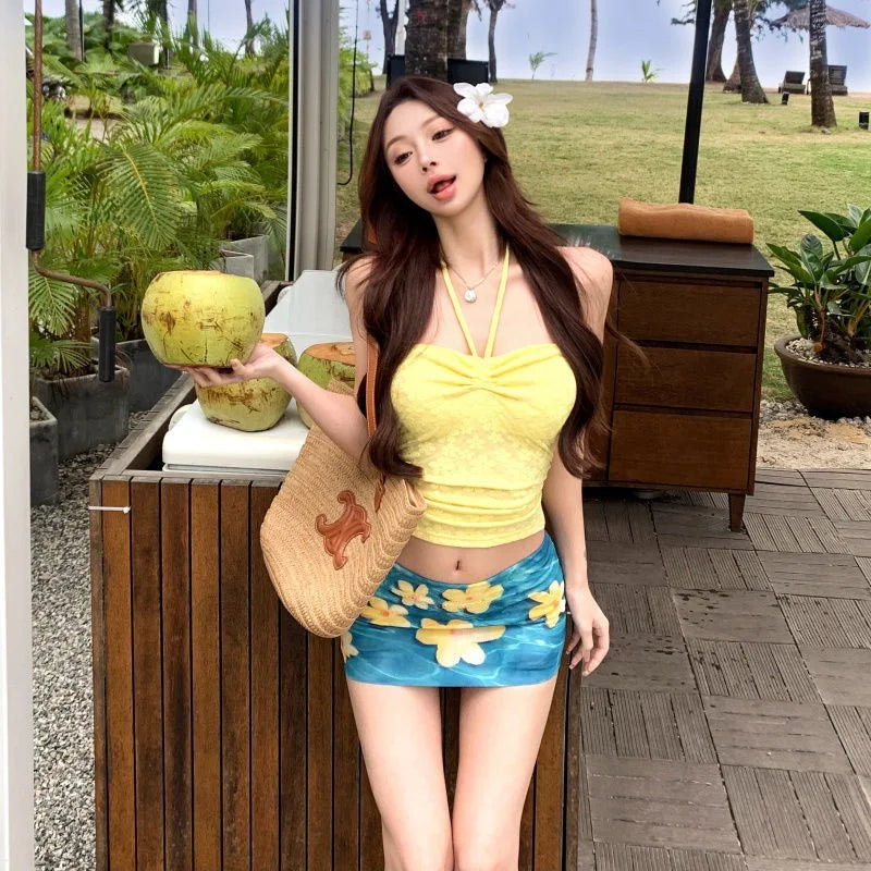 French Drawstring Blue Floral Tube Top Women Separate Swimwear Set Coastal Summer Vacation Beach Holiday Swimsuit for Girl - Matrix-studios.com