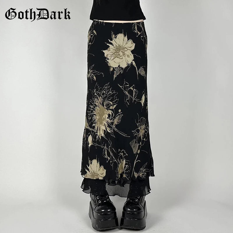 Goth Dark Y2K Aestheics Double Layer Mesh A-line Skirt Women Fashion Florals Print Slim Skirts Fairy Streetwear Gothic Bottoms - Matrix-studios.com
