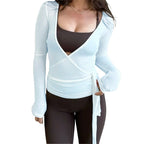Women Cross Wrap Tie Crop Tops Yoga Shirts Long Sleeve Deep V Neck Solid Color Slim Fit Shirts Ladies Yoga Workout Blouses Tees - Matrix-studios.com