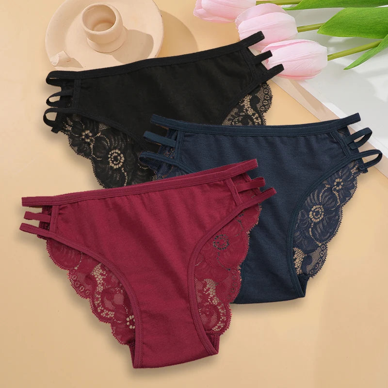 3PC/Set Women's Sexy Floral Lace Panties Low Rise Hollow Out Briefs Transparent Underwear Female Elastic Straps Soft Lingerie - Matrix Studios