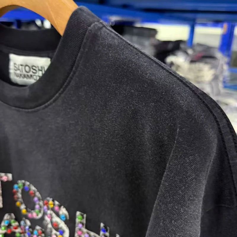 American Style Street Fashion Brand Satoshi Nakamoto Tops New Summer Men's Women's Glittering Rhinestones Short Sleeved - Matrix-studios.com