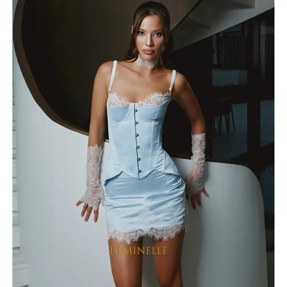 Short Women's Formal Evening Gowns Satin Mini Evening Dress for Women Spaghetti Strap Bodycon Lace Corset Gowns Customized - Matrix-studios.com