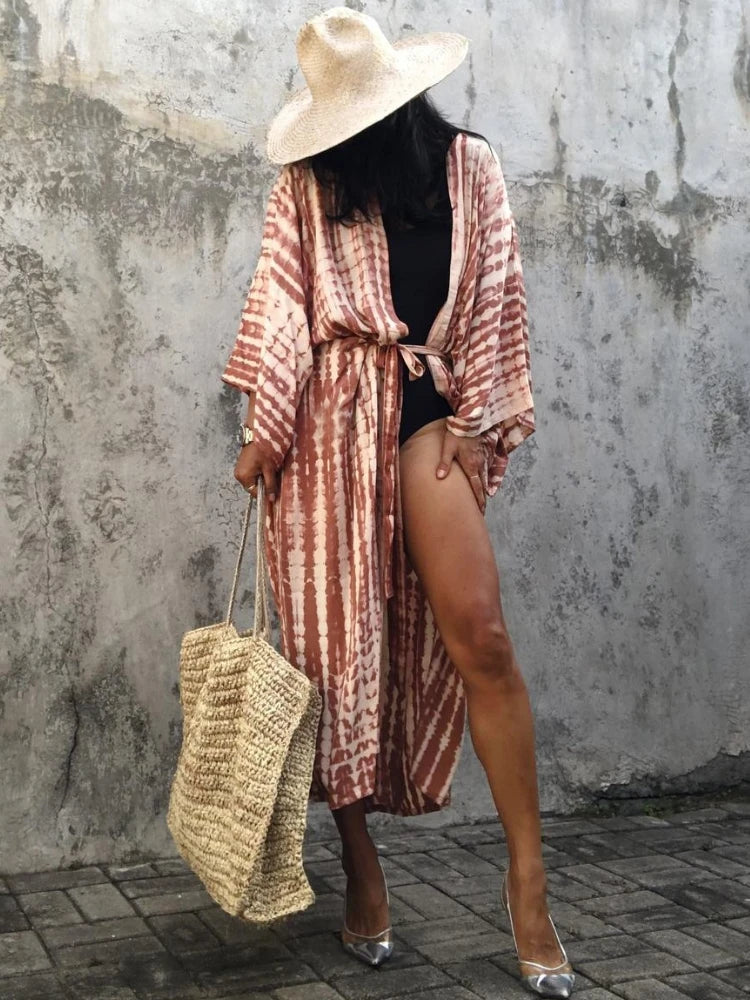 Bikini Cover Up Tie Dye Printed Swimsuit Cape Pareo Bohemian Beach Kimono Dresses Self Belted Bathing Suits Dropshipping - Matrix Studios